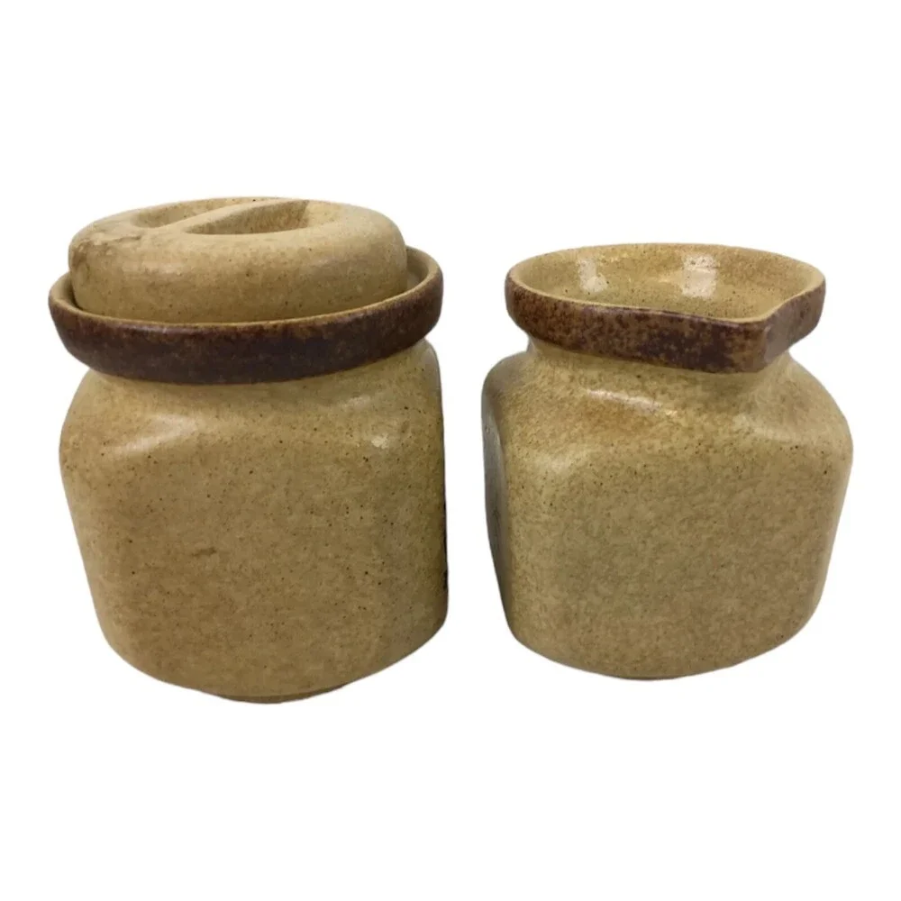 VTG Mid Century PIC USA Creamer & Sugar Bowl Set Square Stoneware Floral Pottery